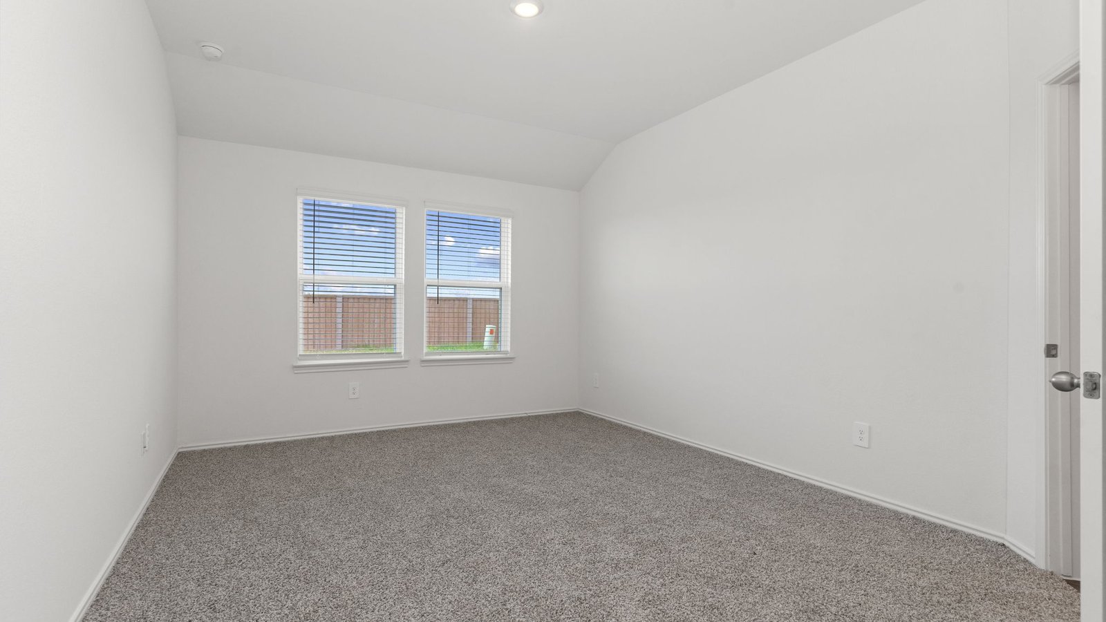 primary bedroom with two windows and carpet
