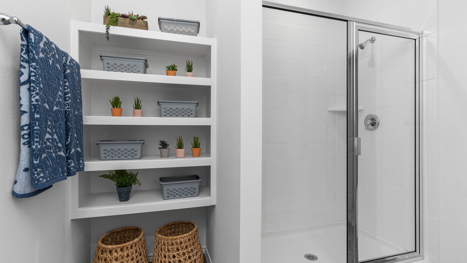 Primary bathroom with luxurious shower and built in storagePrimary bathroom with luxurious shower and built in storage