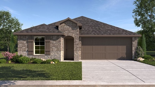 Caden Floorplan Elevation B brick and stone exterior with brown trim and garage door