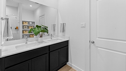 primary bathroom with dual vanity