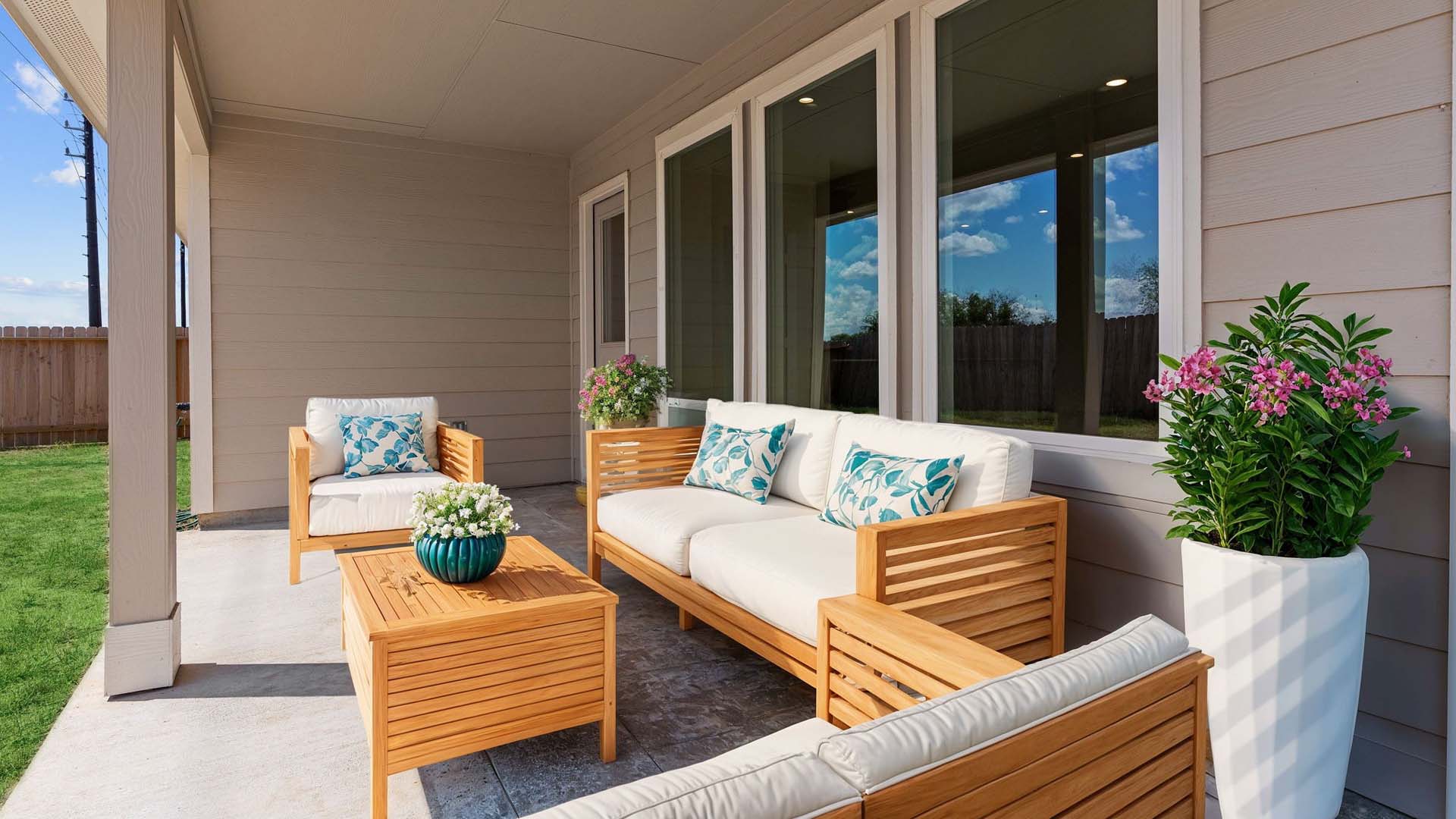 Covered back patio area overlooking spacious backyard