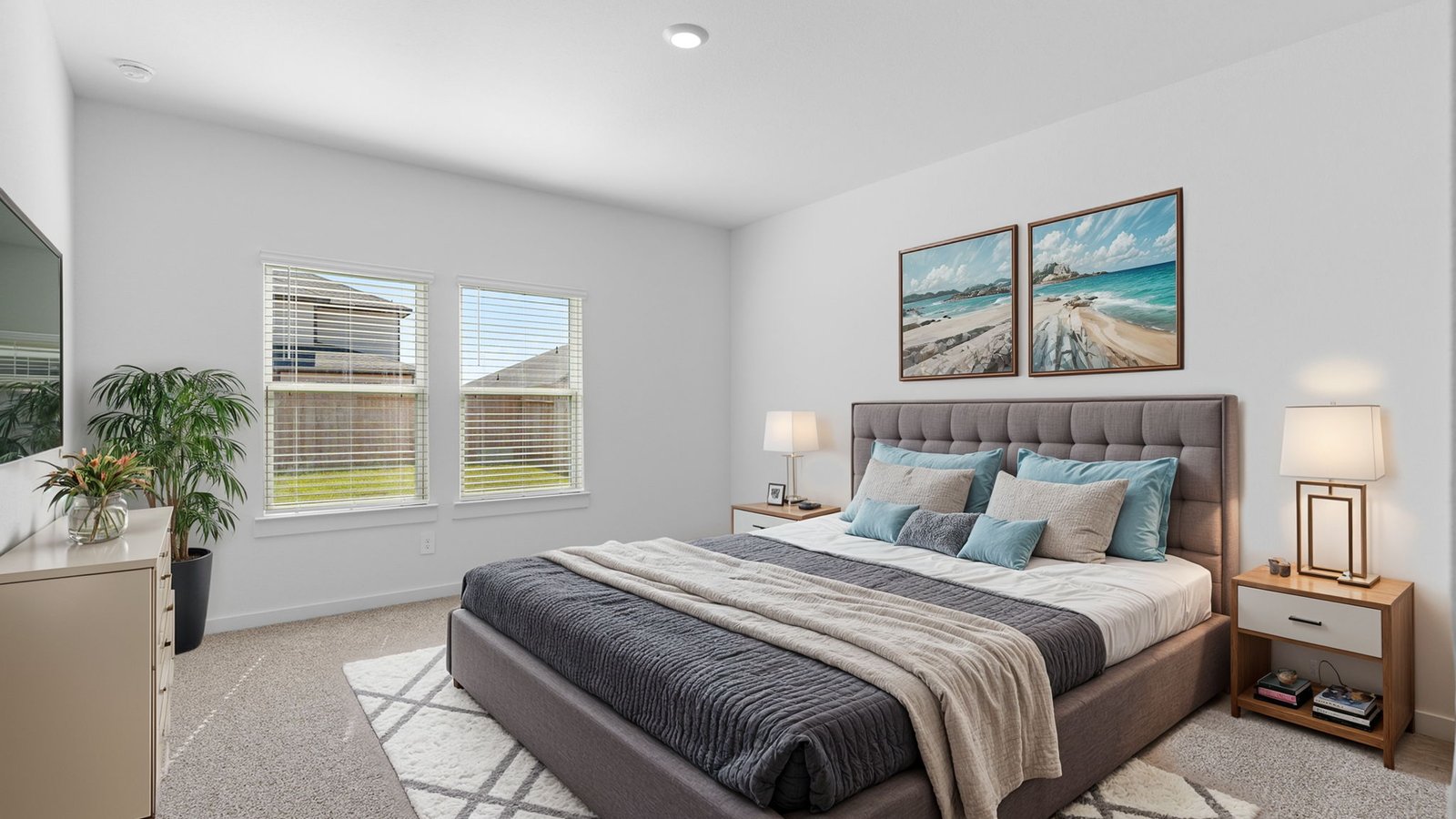 Primary bedroom with plush carpet floors and light allowing double windows