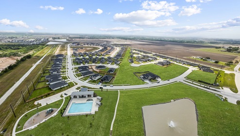 birds eye view of evergreen and rec center with pool