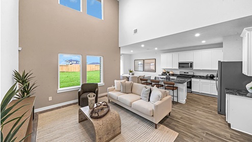 open concept living room with high ceilings and kitchen