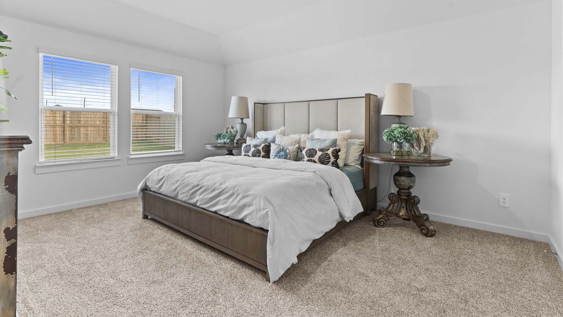 Primary bedroom with plush carpet floors and double light allowing windows