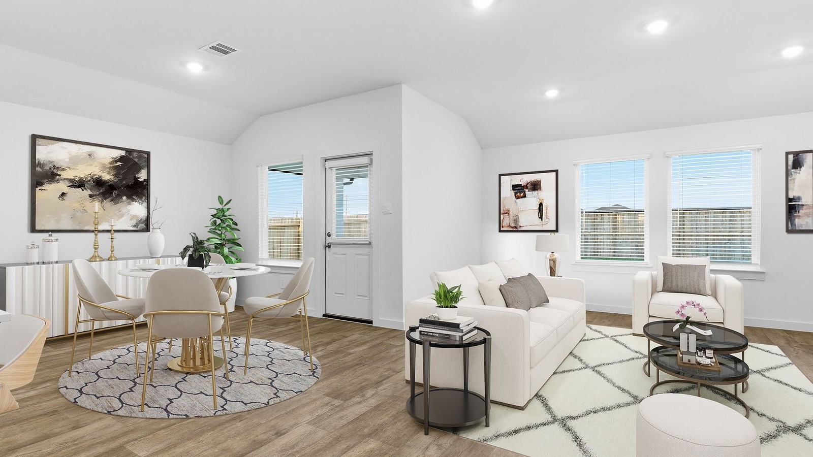 Living room with open dining area