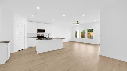 kitchen, living, and dining room