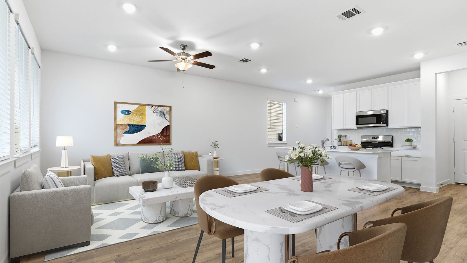 Open concept kitchen, living, family, and dining room space