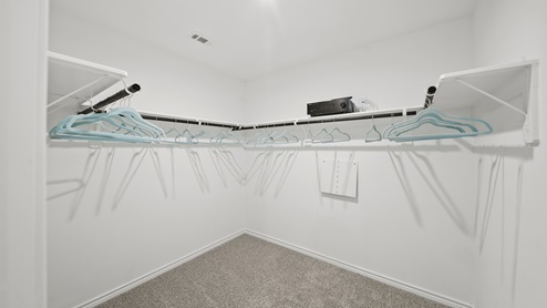 Reserve at Mallard Lakes model home primary bedroom walk-in closet with carpet flooring.