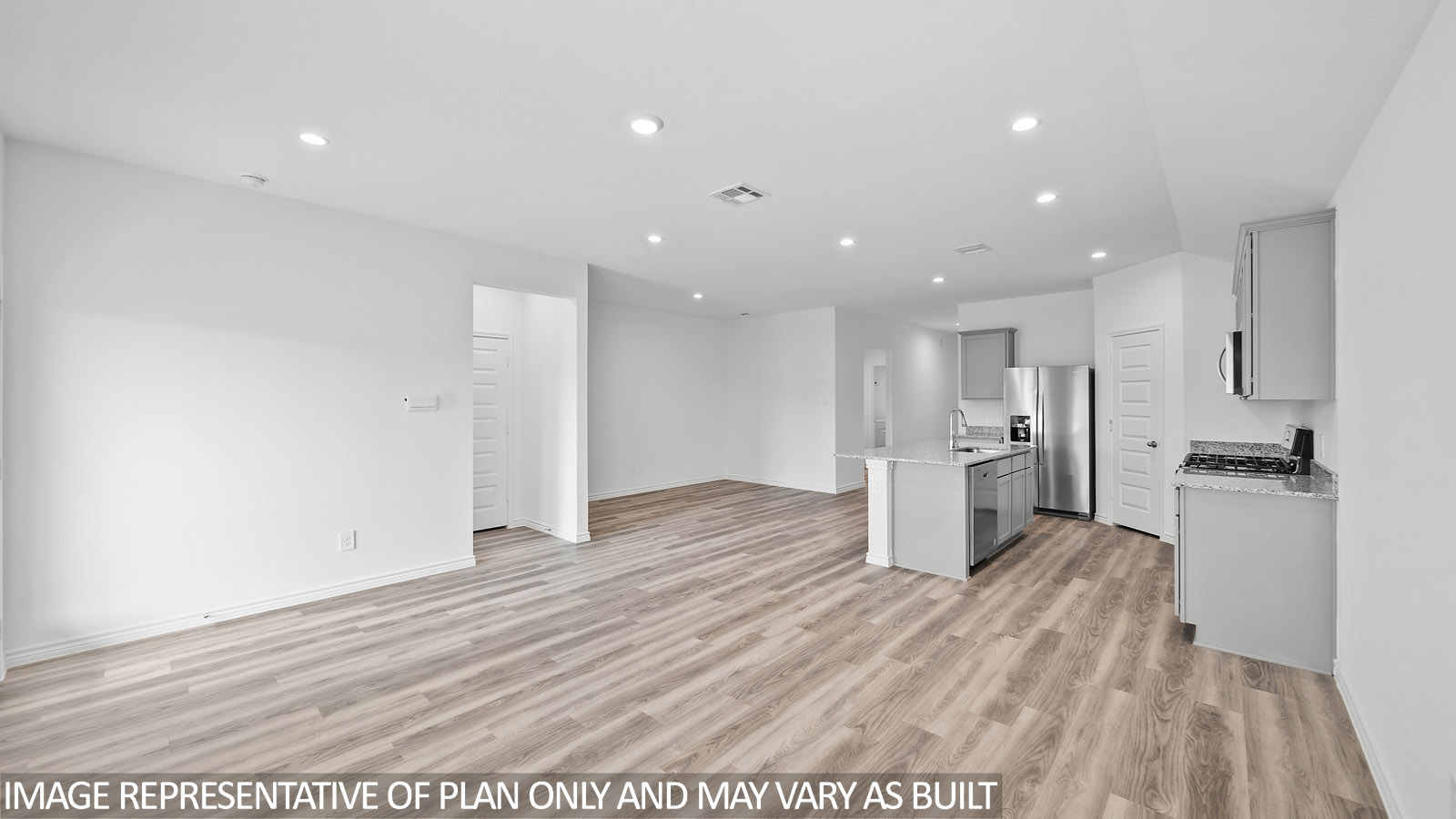 Harris living room with view into kitchen and dining room,
