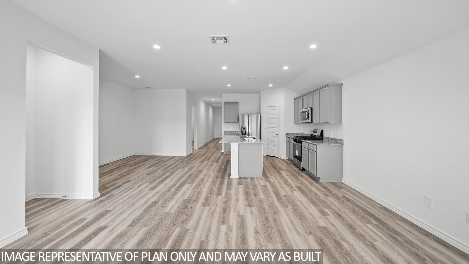 Harris living room with view into kitchen and dining room,