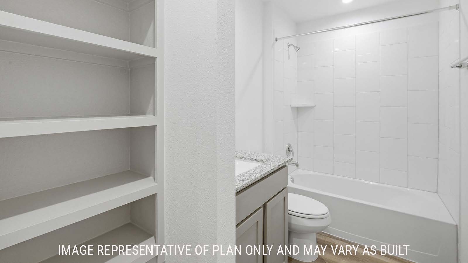 Texas Cali secondary bathroom with shelving for storage and vanity sink.