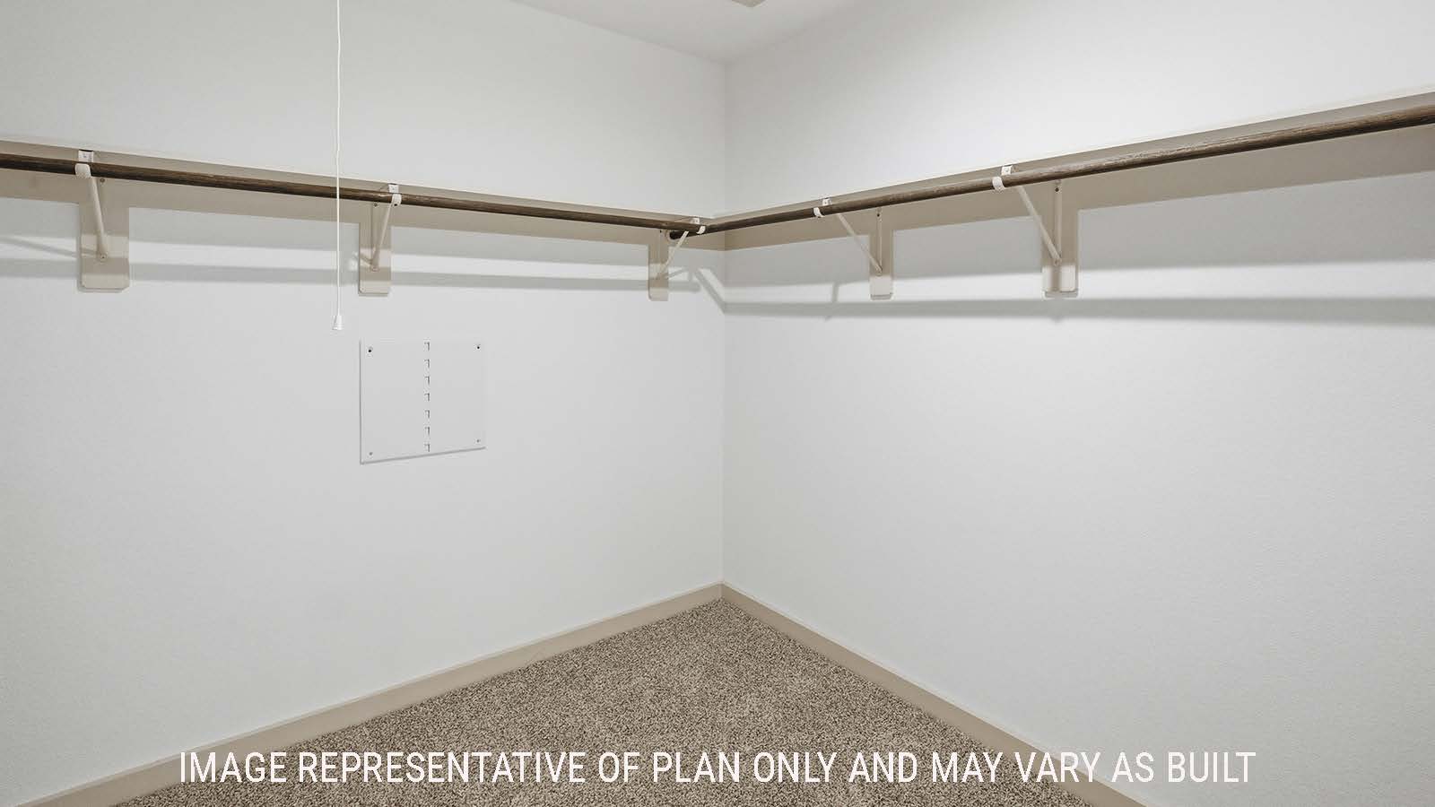 Texas Cali primary bedroom closet with carpeted flooring and shelving for storage.