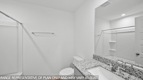 Baxtor secondary bathroom with granite countertops and tub and shower combo.