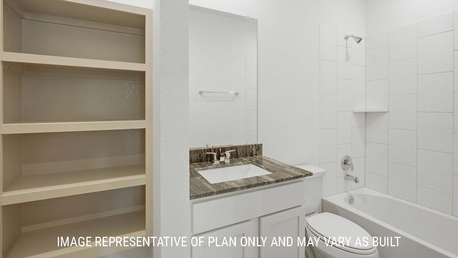 Mitchell secondary bathroom with shelving for storage and vanity sink.