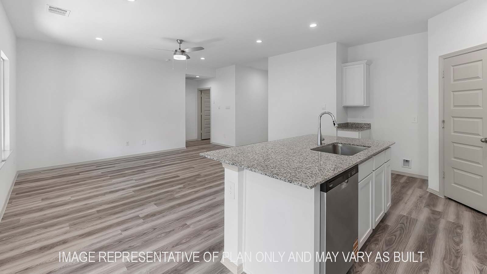 Bellvue living room open concept with view of kitchen and dining room.