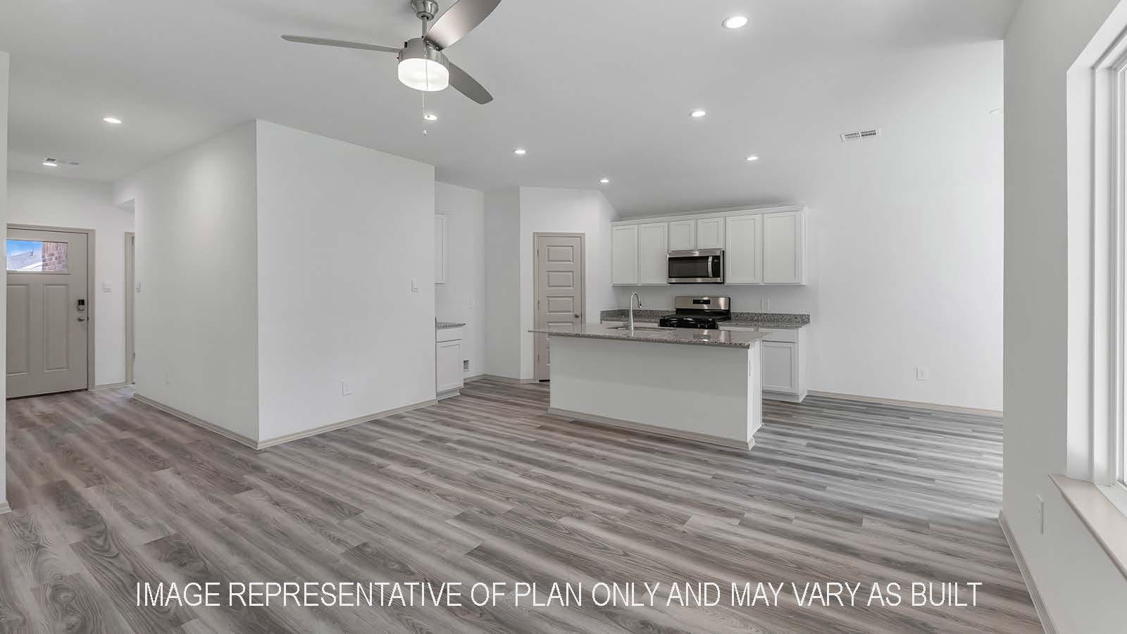 Bellvue living room open concept with view of kitchen and dining room.