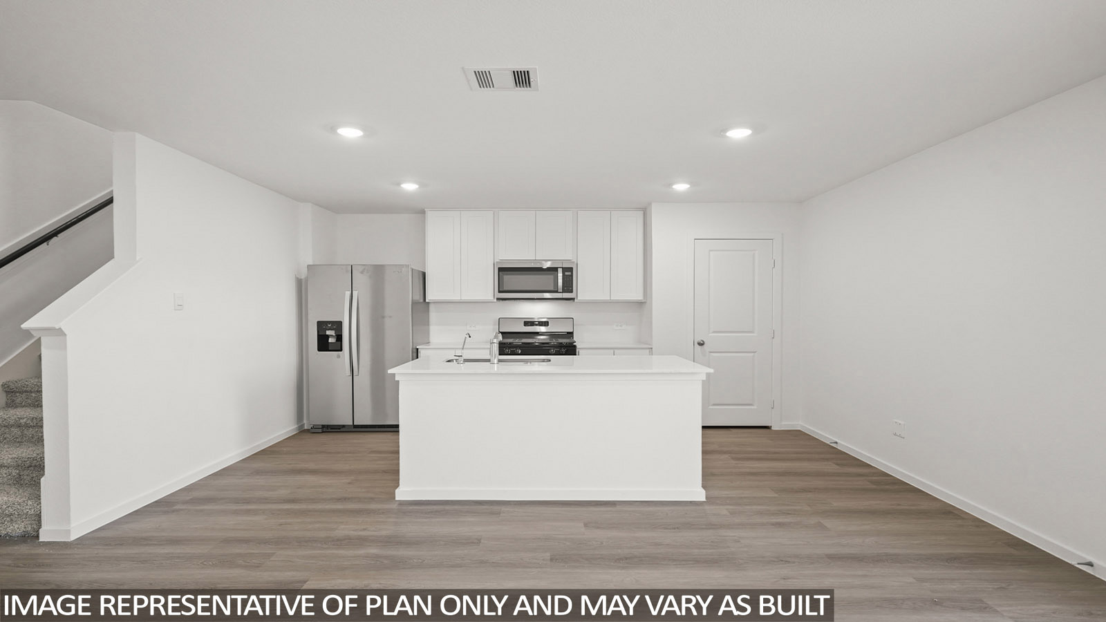 Dawson kitchen with kitchen island and white cabinets and countertops.