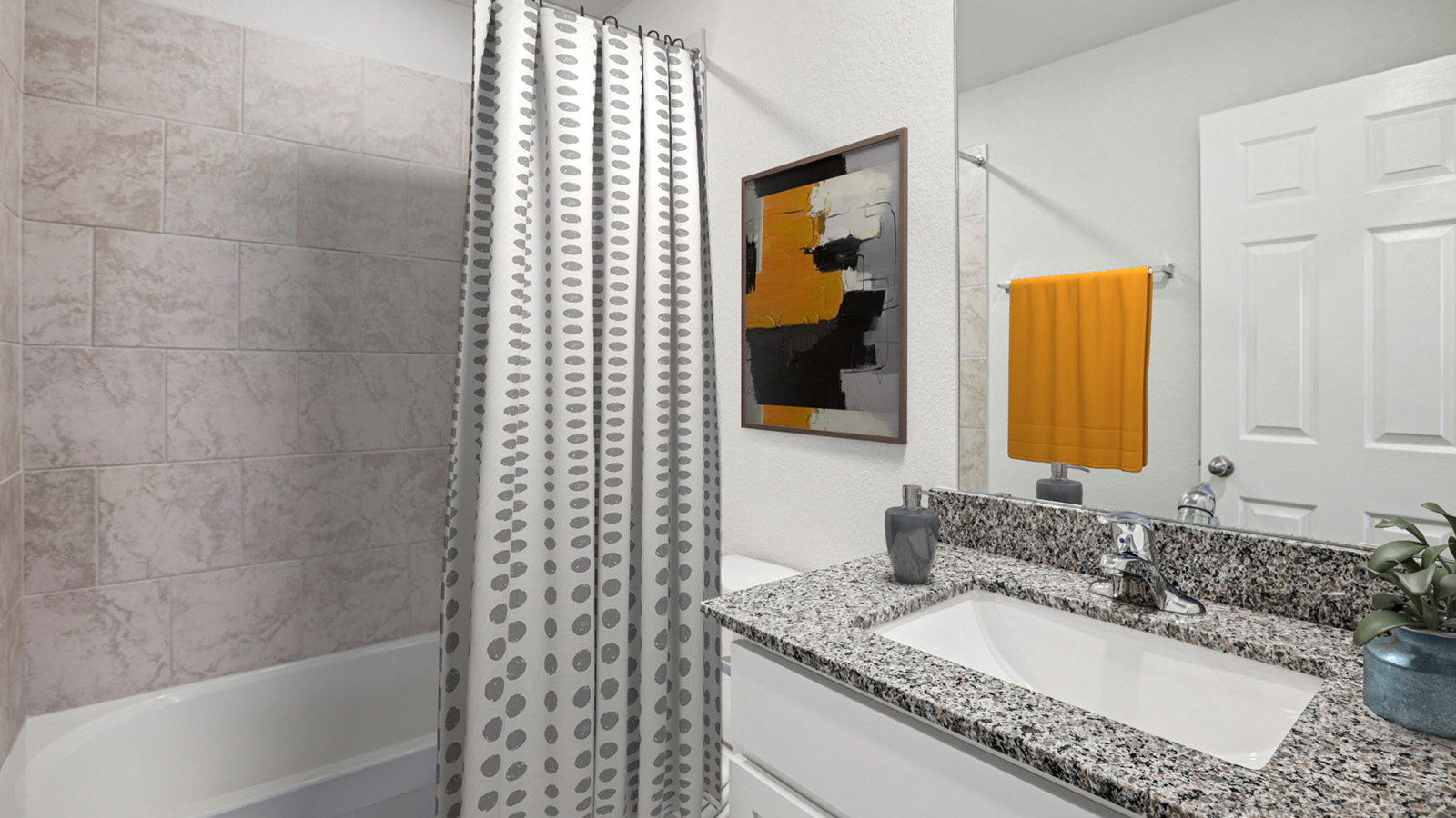 China Cottages secondary bathroom with vanity sink and shower and tub combo.