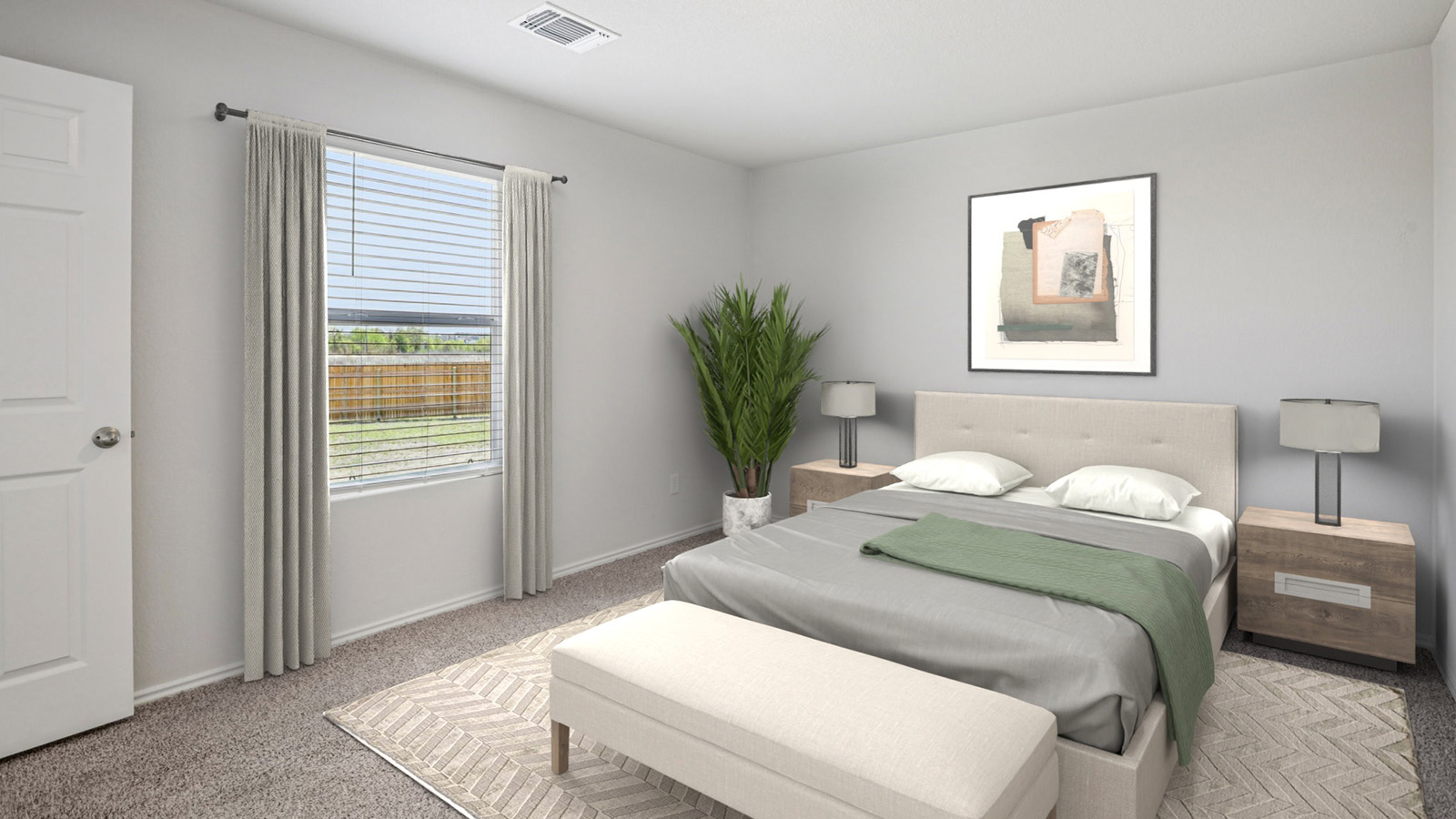 China Cottages primary bedroom with carpeted flooring and windows for natural lighting.