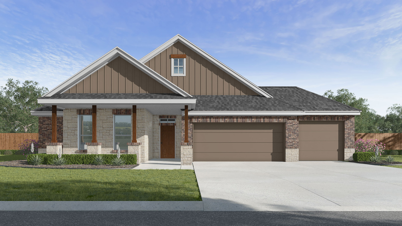 Aberdeen Y Elevation 3 Car Garage.