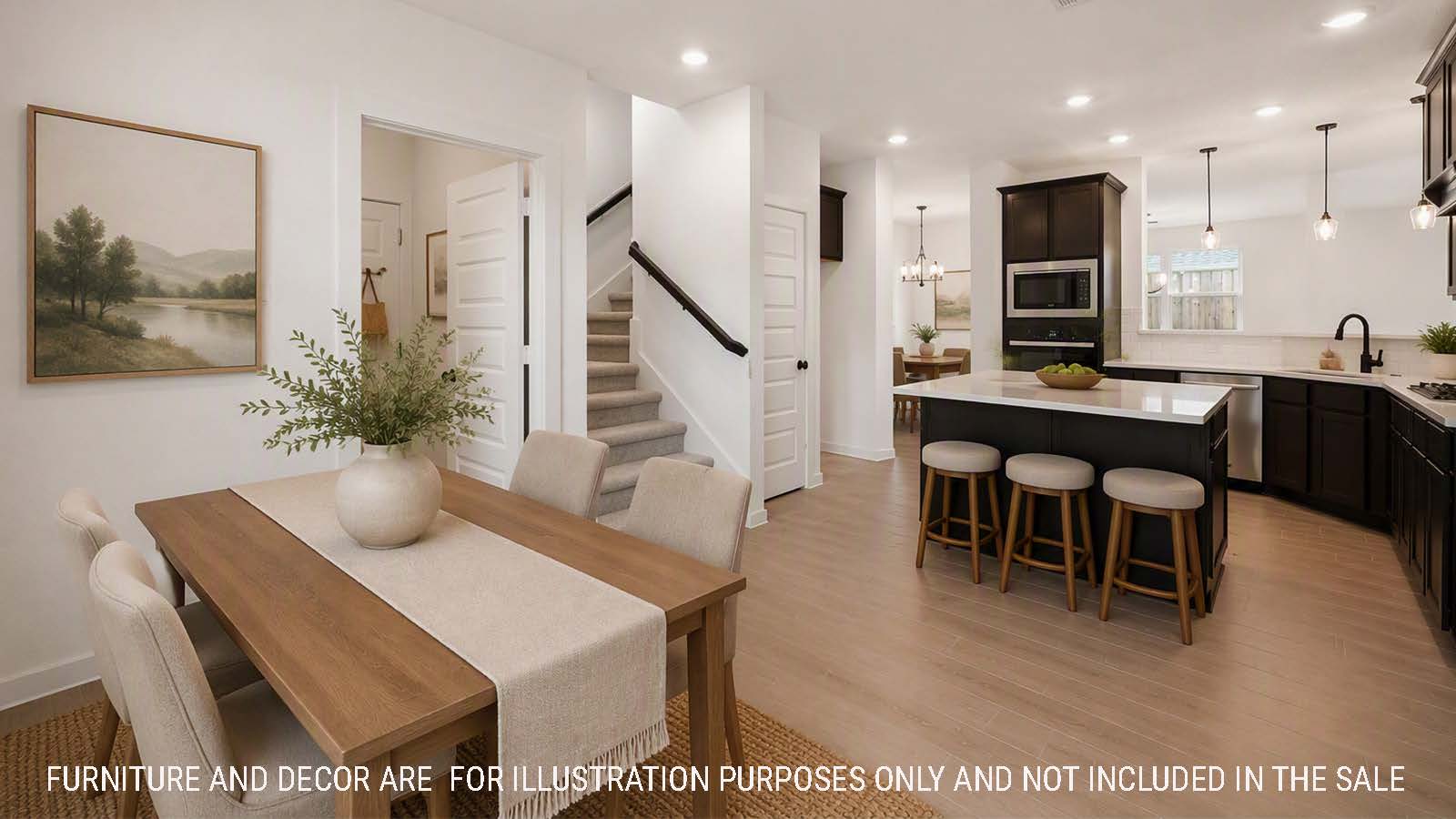 Newburgh dining room with windows for natural lighting and view of utility room and stairs.