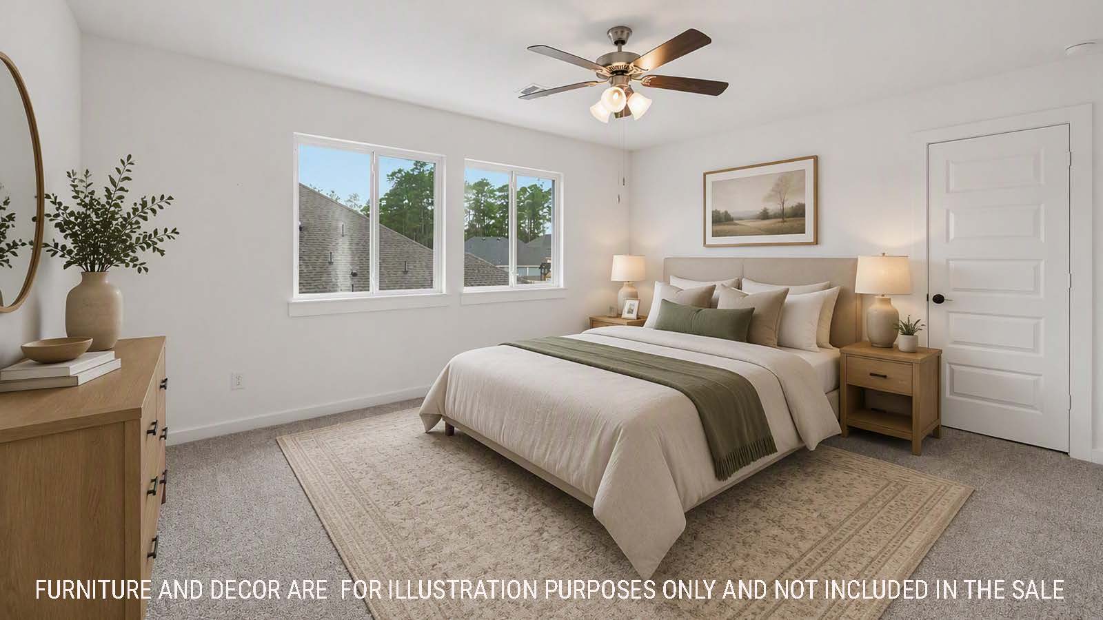 Newburgh secondary bedroom with carpeted flooring and windows for natural lighting.