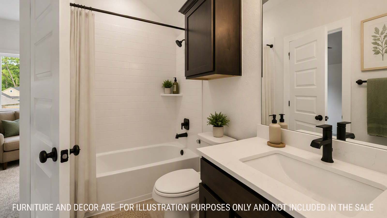 Newburgh secondary bathroom with vanity sink with white countertops and shower and tub combo.