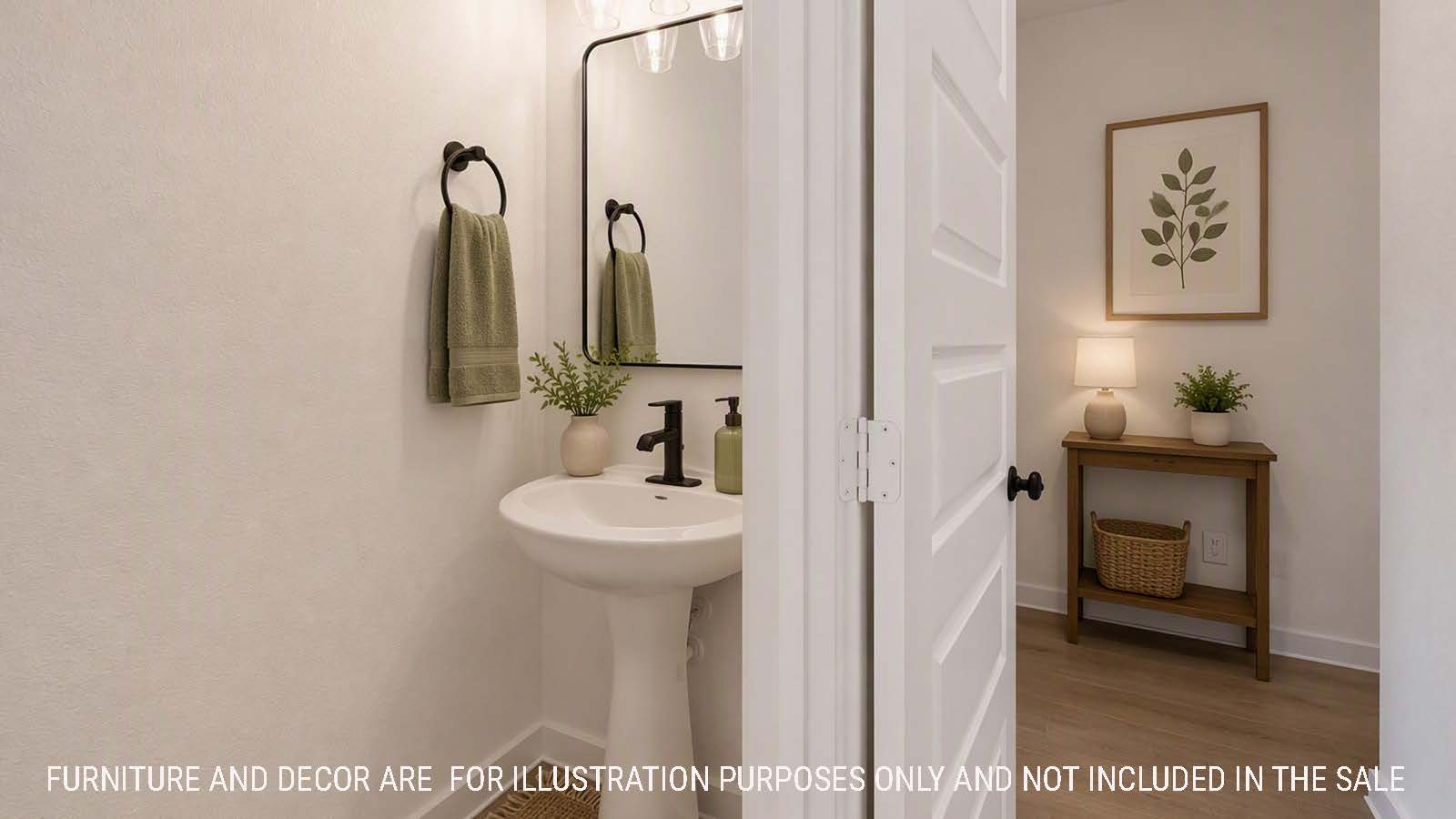 Newburgh secondary half bathroom with sink and mirror.