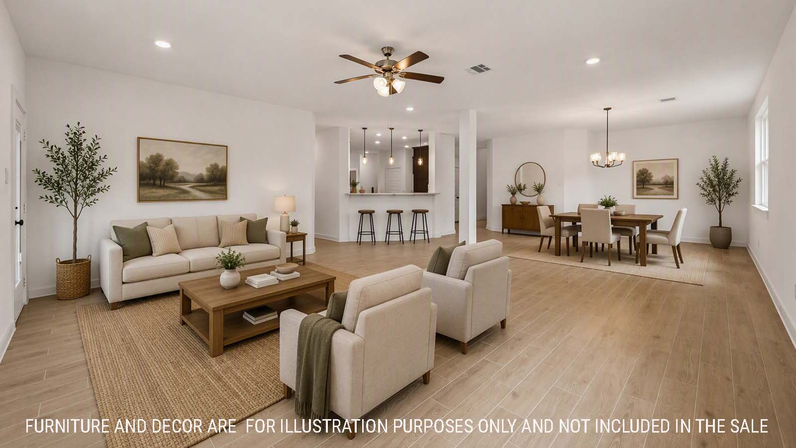Newburgh living room with vanity plank flooring and view of dining room and kitchen.