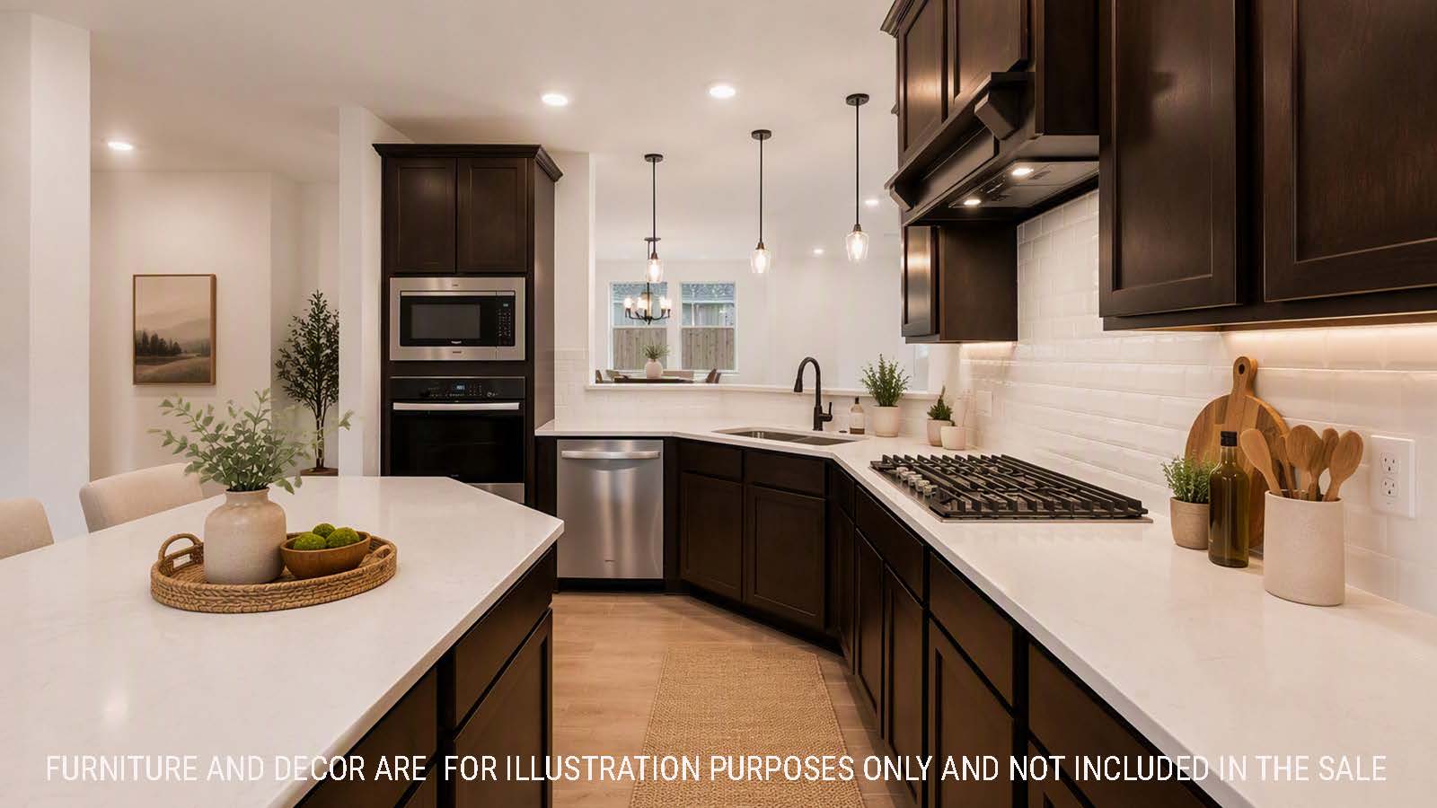 Newburgh kitchen with dark cabinets and white countertops and view of living room.
