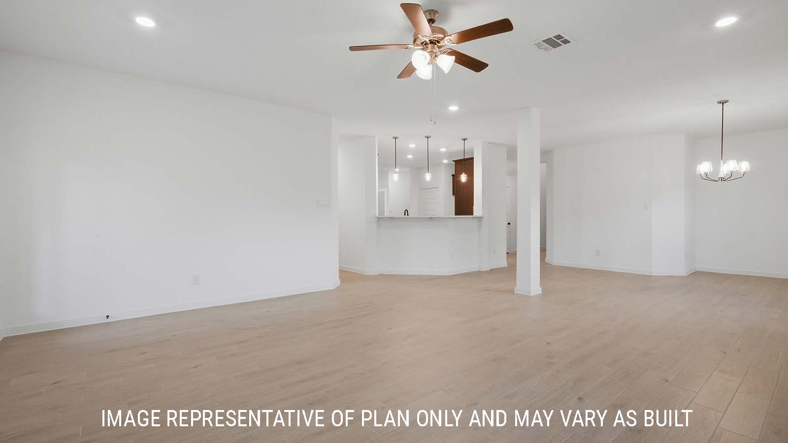 Newburgh living room with vanity plank flooring and view of dining room and kitchen.