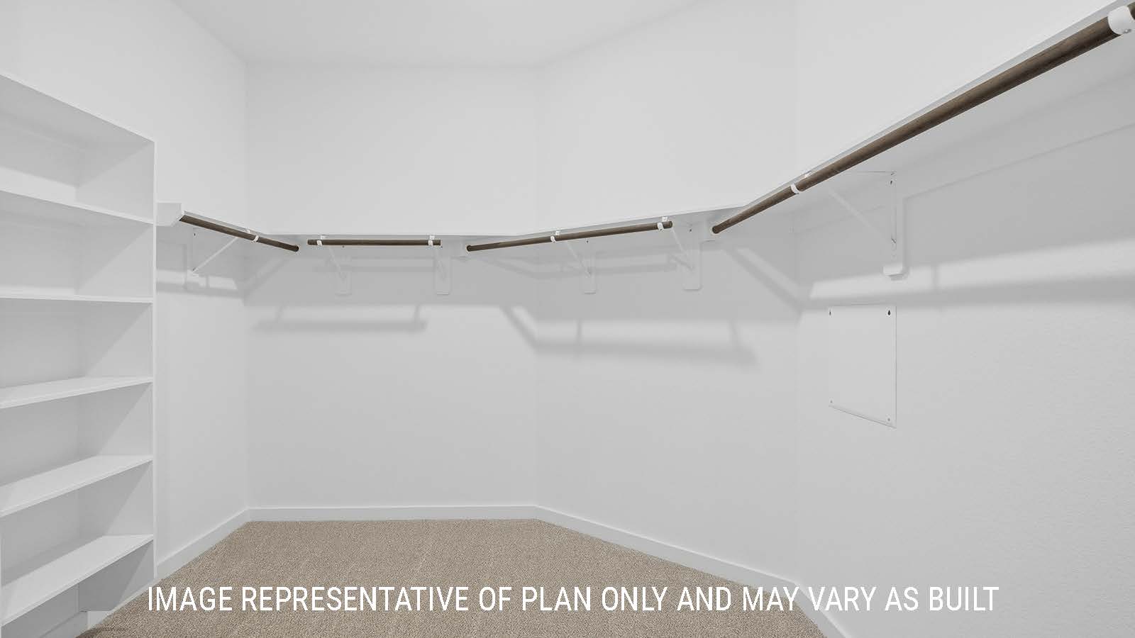 Waverley primary bedroom closet with carpeted flooring and shelving for storage.