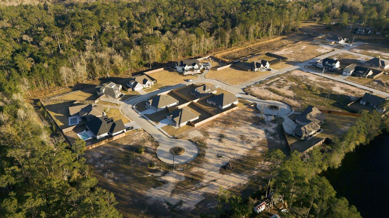 The woods model home ariel view of community.