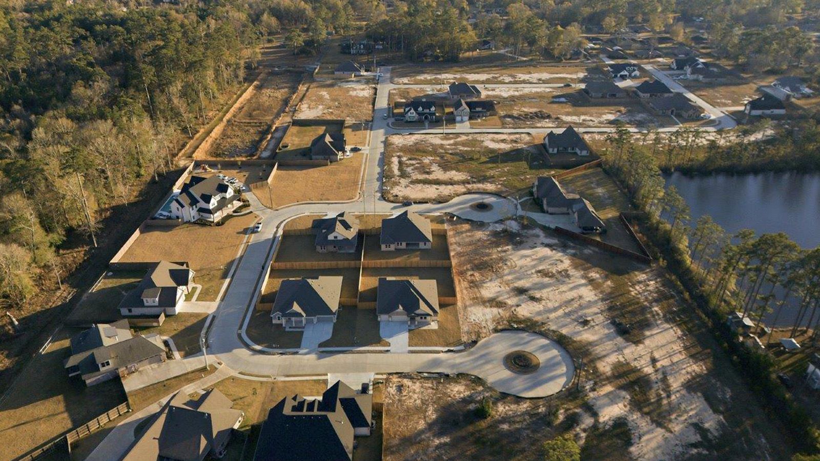 The woods model home ariel view of community.