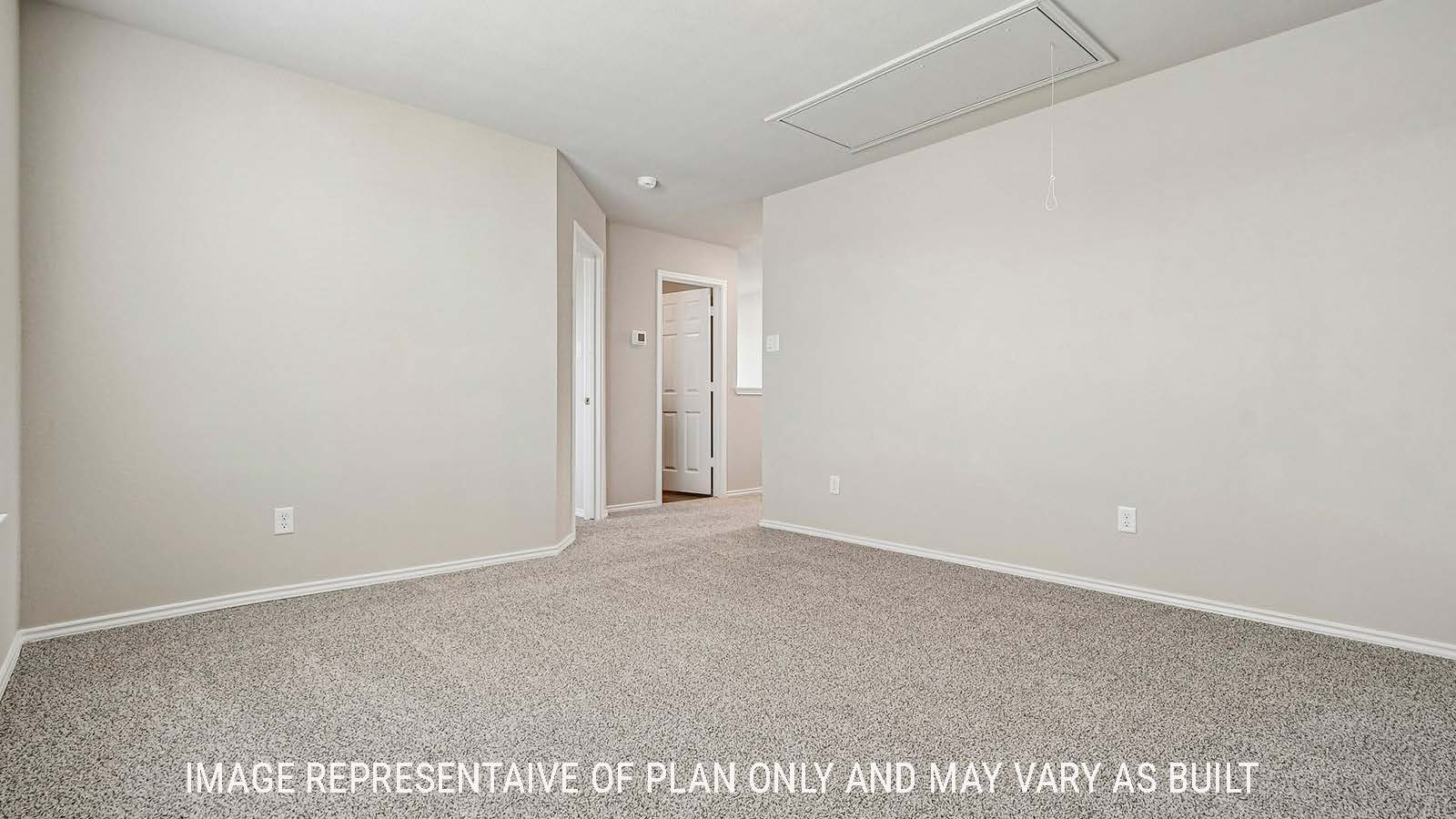Prosper game room with carpeted flooring and view of secondary bedroom and secondary bathroom.