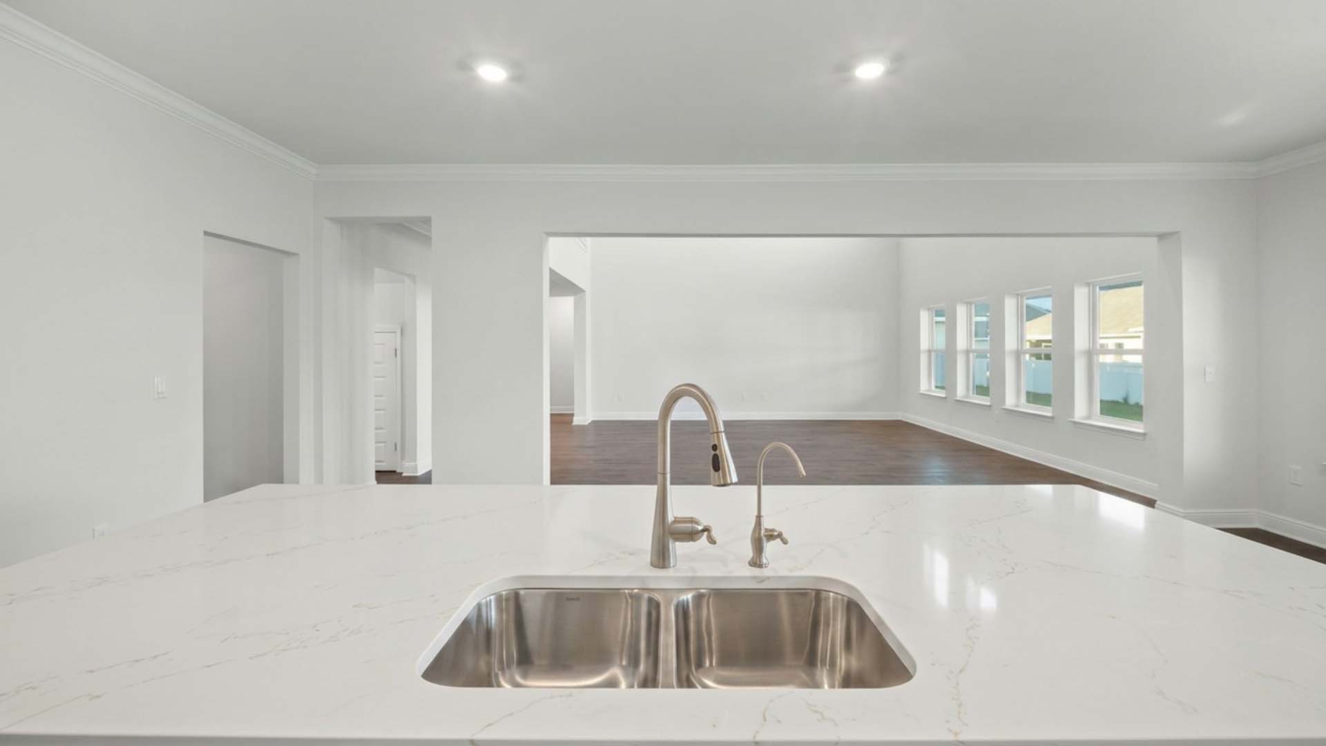 The center island has quartz countertops