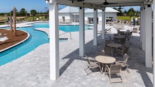 Covered seating area with tables
