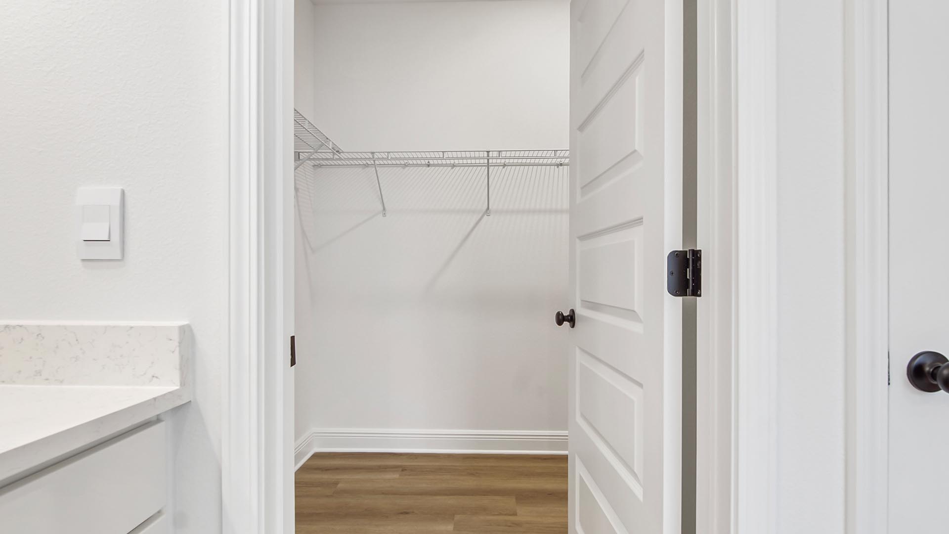 The closet is next to the vanity