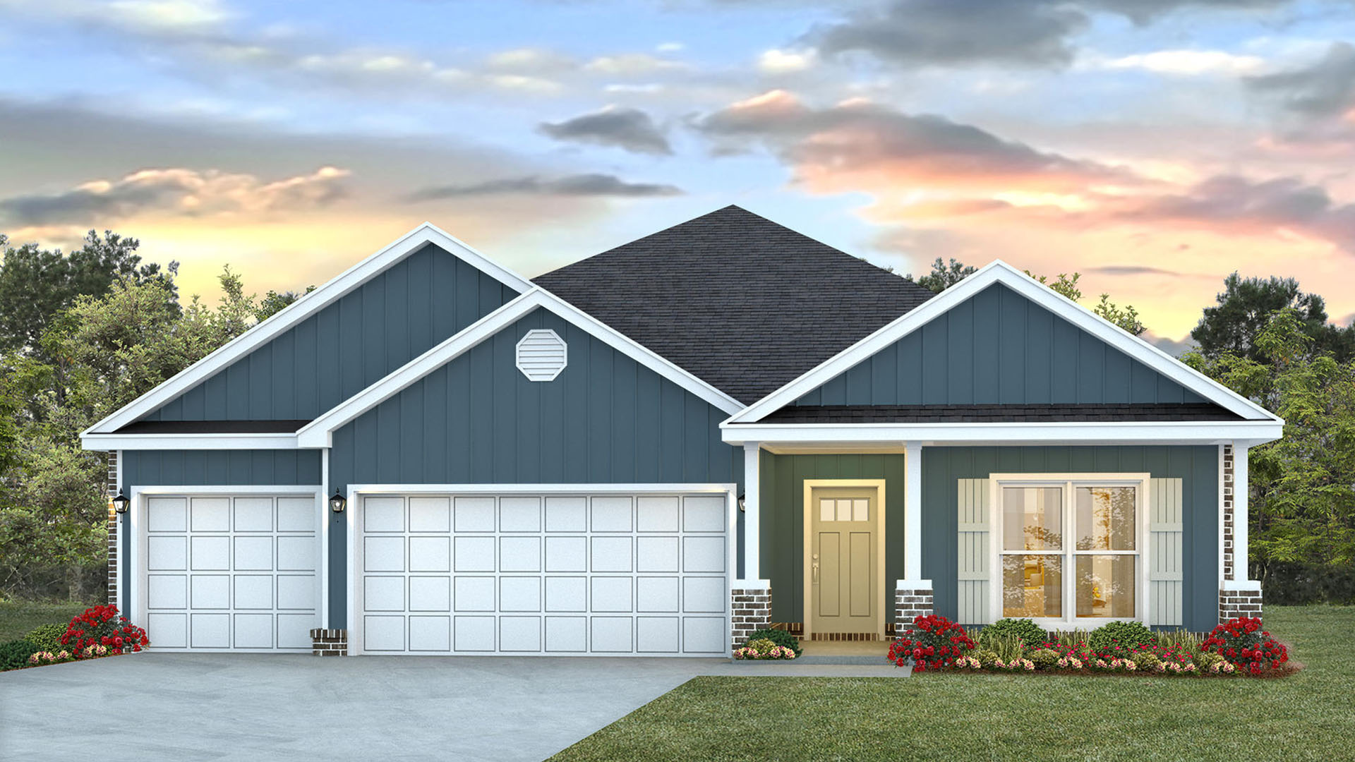 120 Farm Owl Drive is under construction. This image shows a rendering of the Destin with blue Hardie siding and a brick skirt
