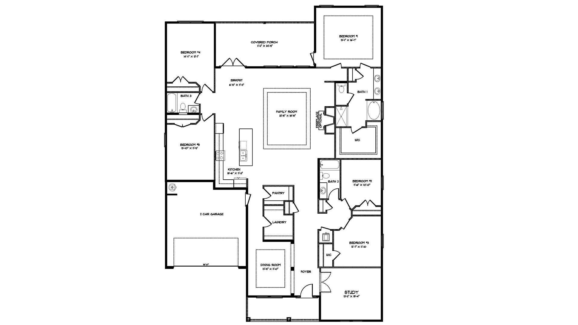 The Mckenzie floor plan showing the layout of five bedrooms and two car garage