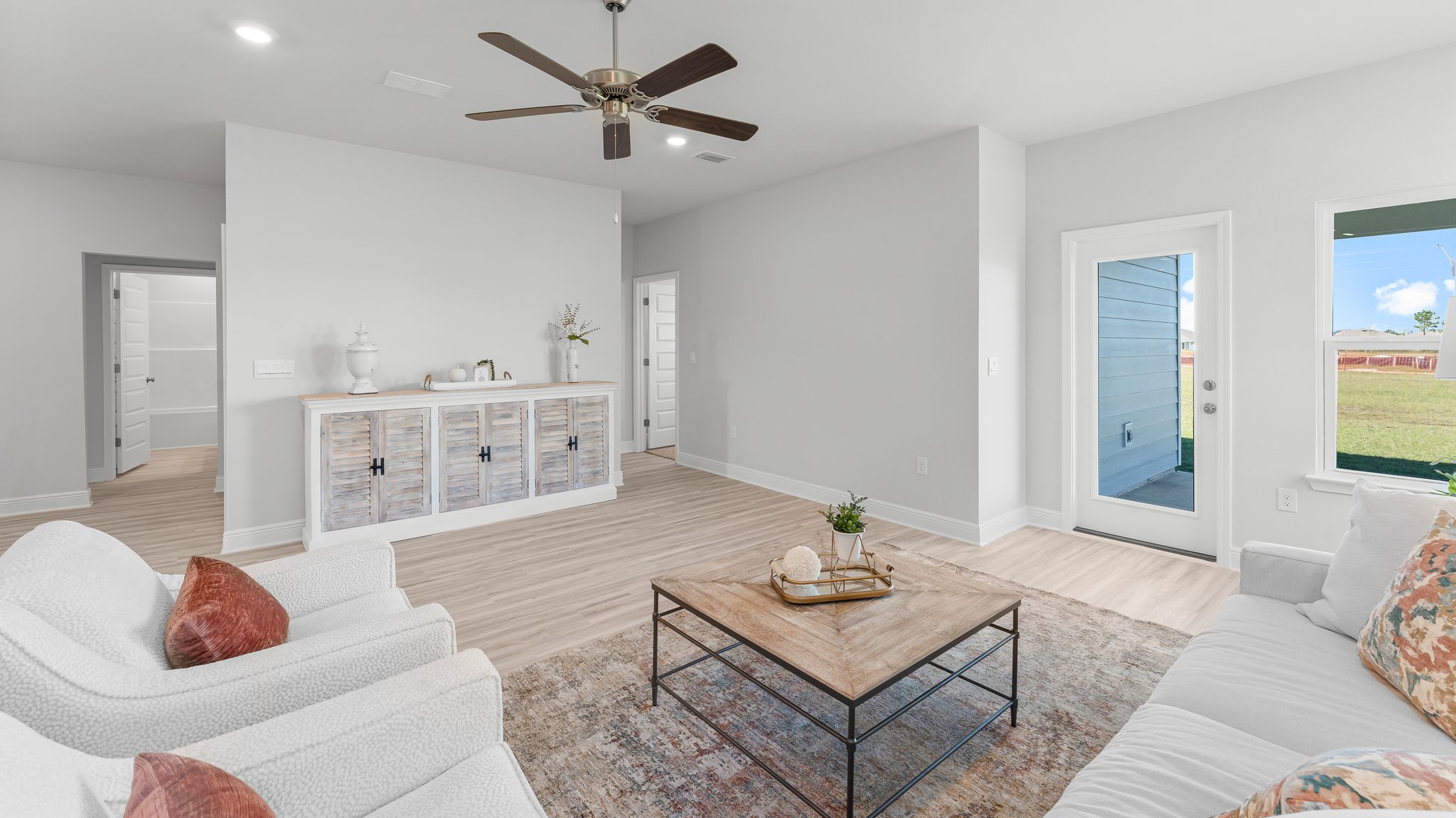 The primary bedroom is located of the living area