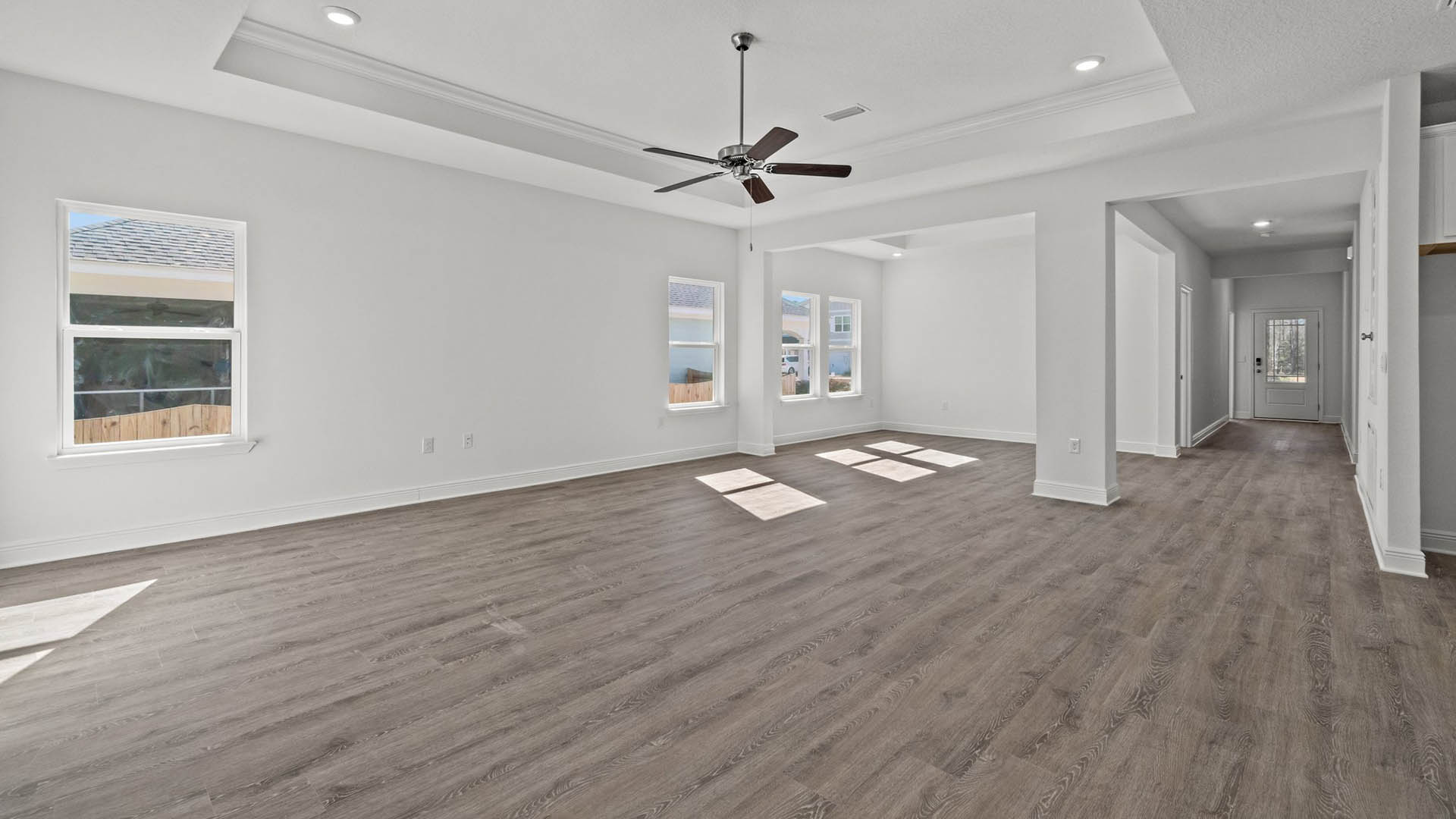 The living area is the central space of the Camden floor plan