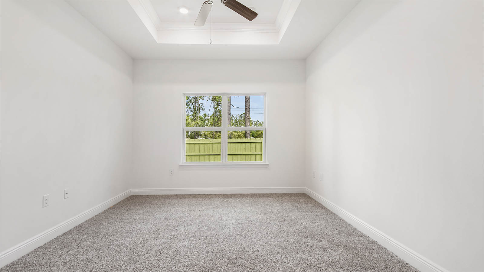 The primary bedroom has plush carpet and trey ceiling
