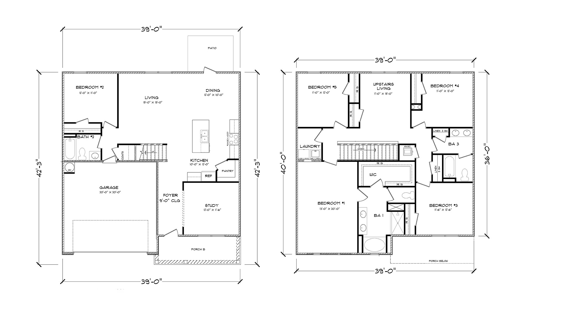 Carol B Floor Plan showing two levels. One guest room on main level and full bathroom and four bedrooms and two full bathrooms on second level