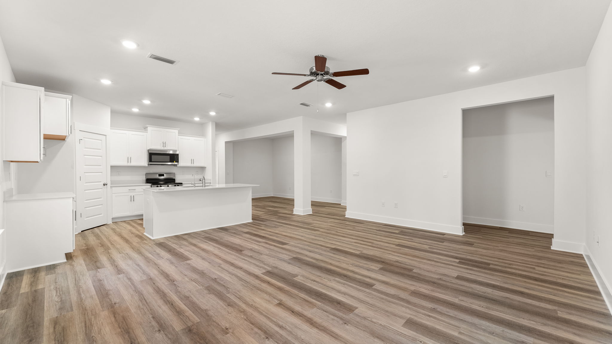 The living and dining areas are functional with the open space