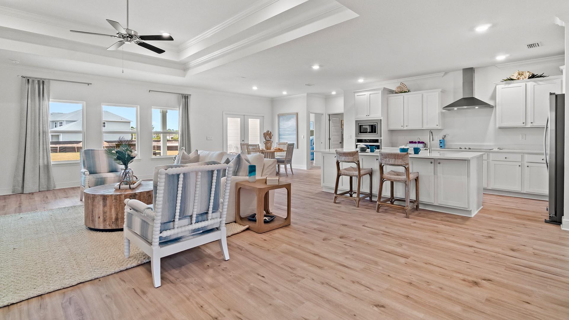 The family room features trey ceilings
