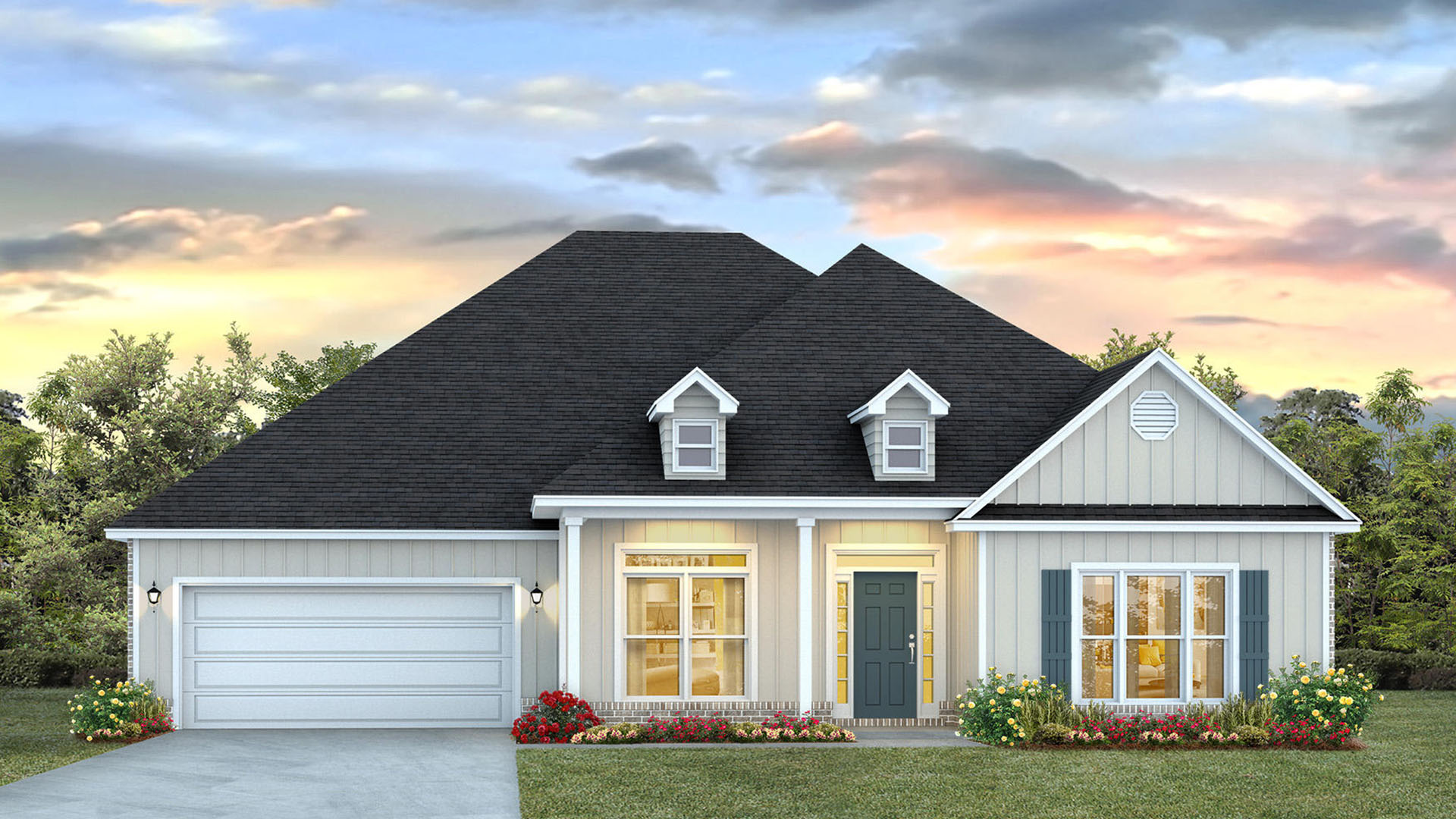 The McKenzie at Holley Grove at Peach Creek is a Hardie front with brick skirt and three sides full brick