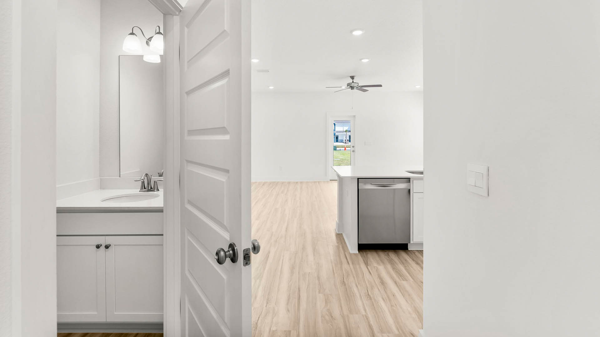 The main level has a half bath off the entry hall