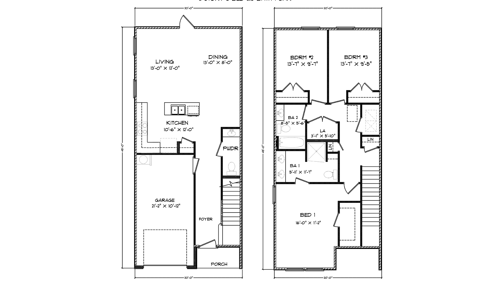 The end unit floor plan showing bedrooms on second level and open living space on main level